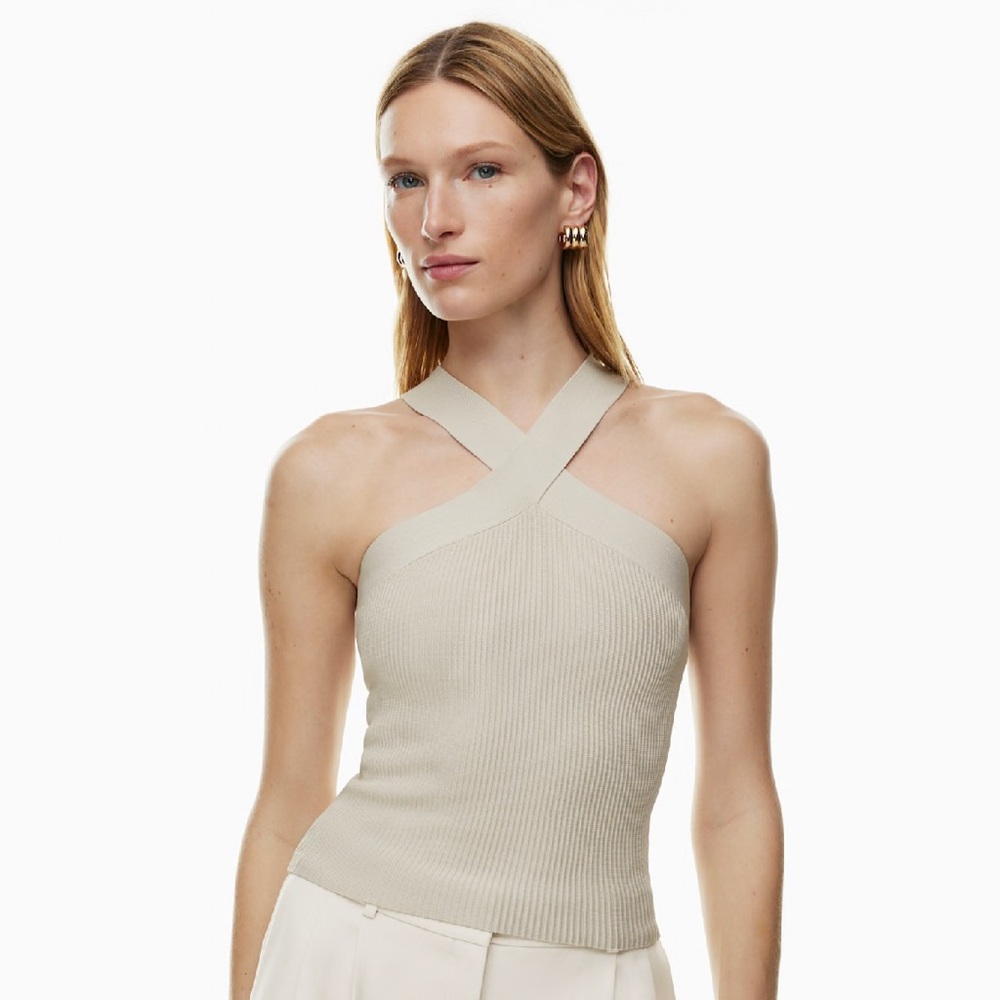 Aritzia Babaton Matte Pearl Sculpt Knit Criss Cross Halter Ribbed Tank Top